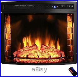 28 in. Freestanding Electric Fireplace Insert Heater Black Curved Tempered Glass