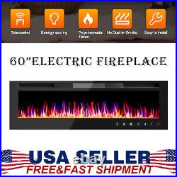 60 Electric Fireplace LED Thin Insert Heater Flame Remote Control Wall Mounted
