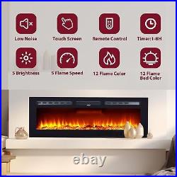 60 Recessed Electric Fireplace 1500W Wall Mounted Fireplace Heater Timer Home