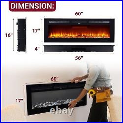 60 Recessed Electric Fireplace 1500W Wall Mounted Fireplace Heater Timer Home