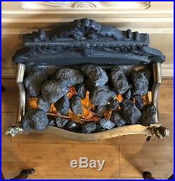 Vintage Cast Iron Brass Fireplace Fire Grate Insert Electric Coals Glass Stones