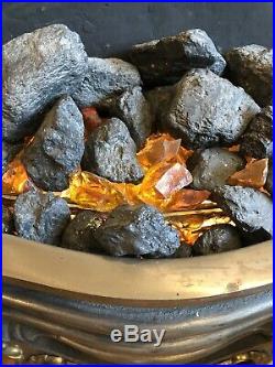 Vintage Cast Iron Brass Fireplace Fire Grate Insert Electric Coals Glass Stones